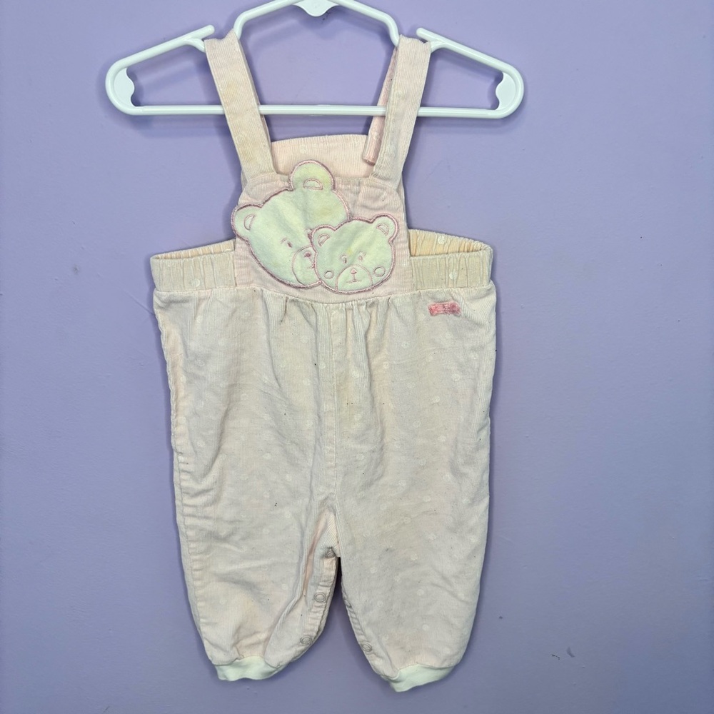 VINTAGE ABSORBA PINK CORDUROY TEDDY BEAR FACE OVERALLS SIZE 9 MONTHS
